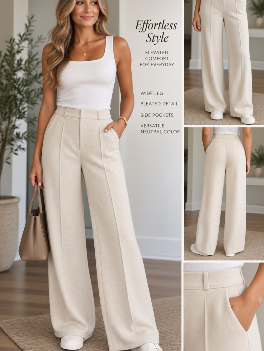 OGL Cream Wide-Leg Ponte Trousers
